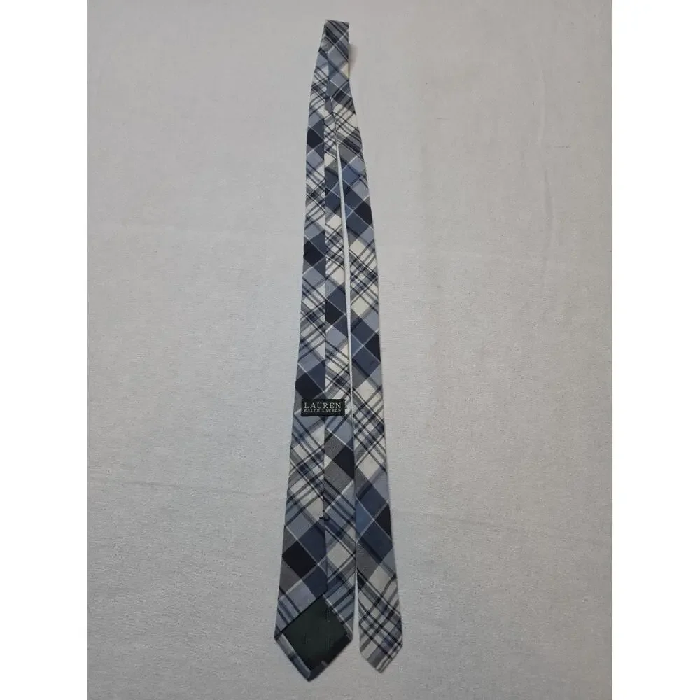 Lauren Ralph Lauren Men’s Tie One Size Blue Gray White Plaid 100% Cotton